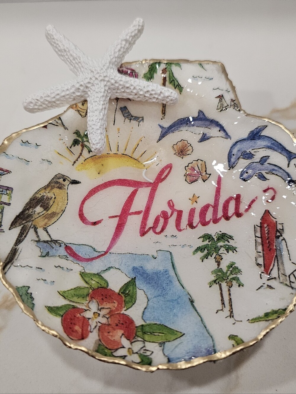 Handmade Florida Themed Decoupage Scallop Shell Trinket Dish w/Stand & Starfish